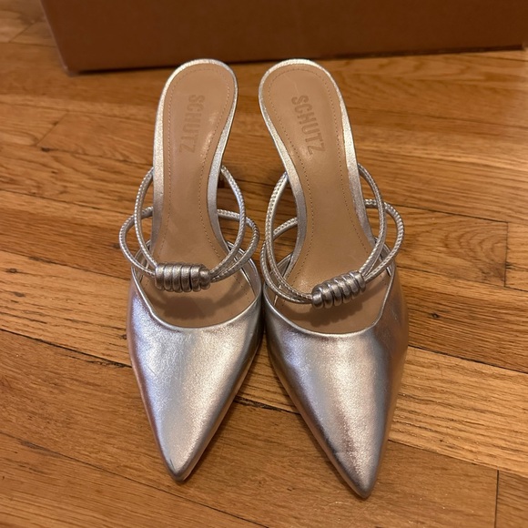 SCHUTZ Shoes - Schutz Silver Lela Heeled Mules Size 7